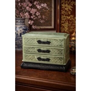 Vintage Faux Jade Chinoiserie Jewelry Box | 3-Drawer Dragon Pulls | Mid Century